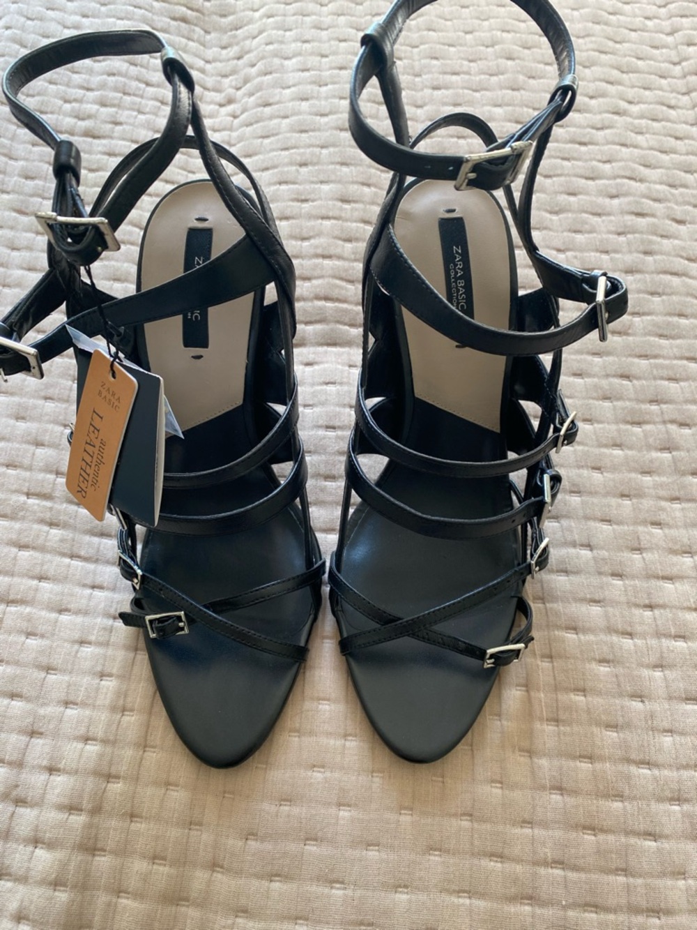 Zara Black Multi-Strap Leather Heeled Sandals